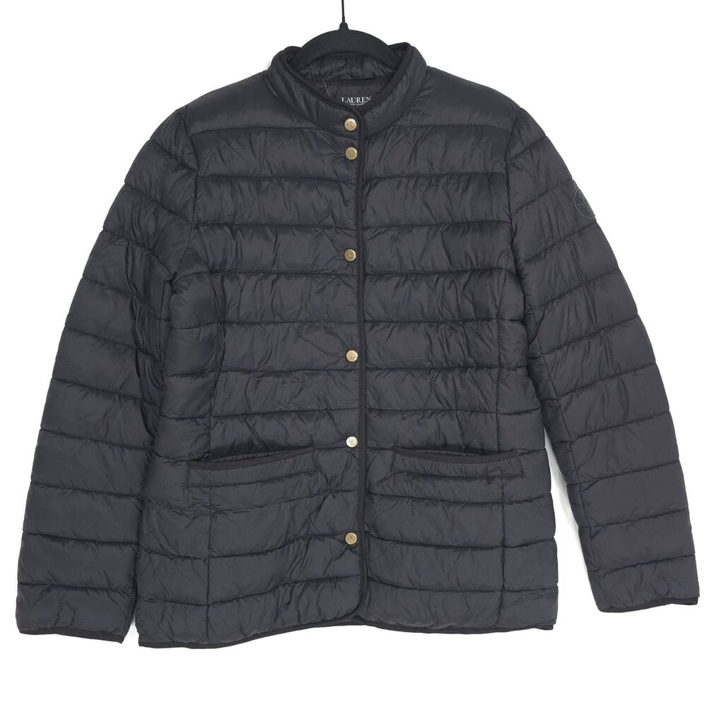 LAUREN RALPH LAUREN NWT Quilted Puffer‎ Jacket LARGE Black Button Front 89619T